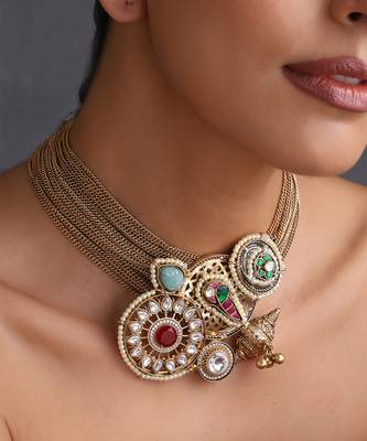 Gold plated multicolor polki choker set 3