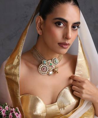 Gold plated multicolor polki choker set 5