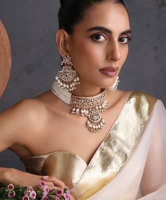 Gold plated white jadau choker set 1
