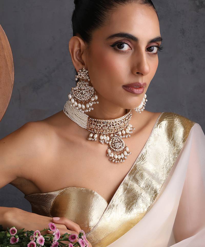 Gold plated white jadau choker set