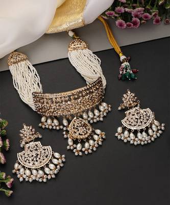 Gold plated white jadau choker set 2