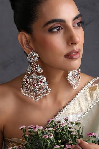 Gold plated multicolor jadau dangler earrings