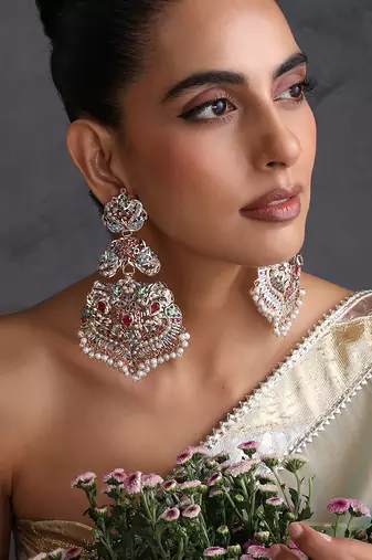 Gold plated multicolor jadau dangler earrings