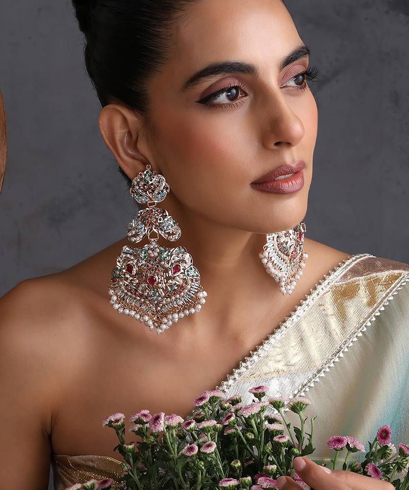 Gold plated multicolor jadau dangler earrings