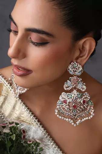 Gold plated multicolor jadau dangler earrings