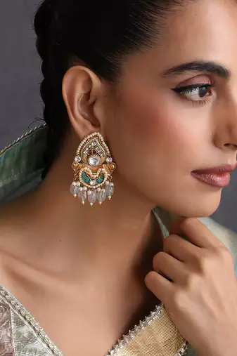 Gold plated blue kundan chandbali earrings