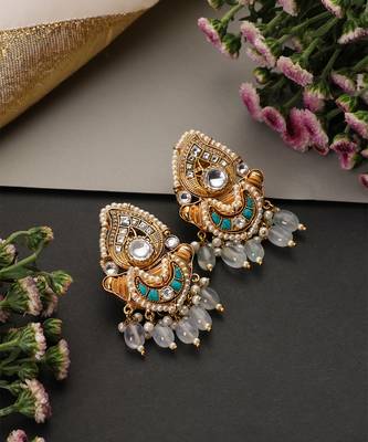 Gold plated blue kundan chandbali earrings 2
