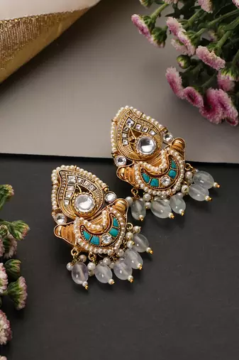 Gold plated blue kundan chandbali earrings