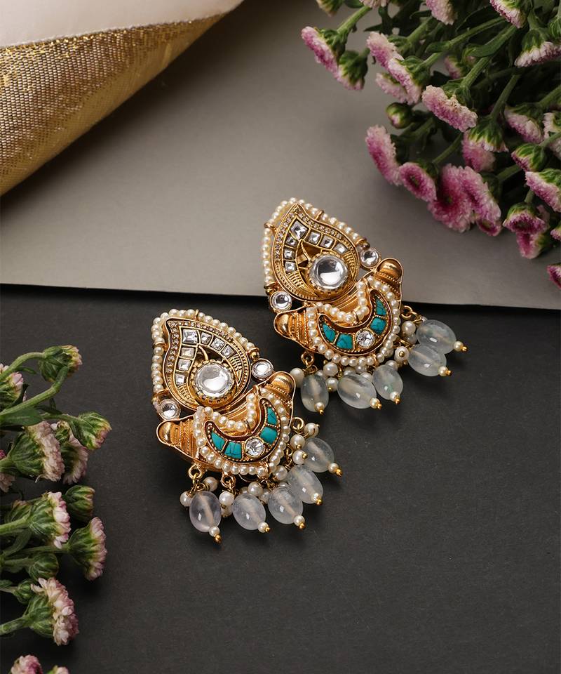 Gold plated blue kundan chandbali earrings