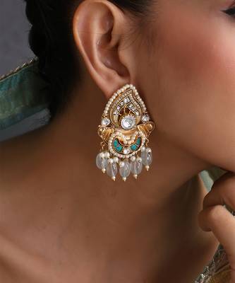 Gold plated blue kundan chandbali earrings 3