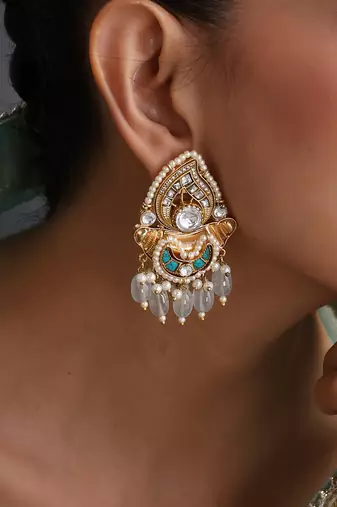 Gold plated blue kundan chandbali earrings