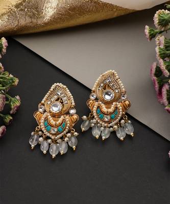 Gold plated blue kundan chandbali earrings 4