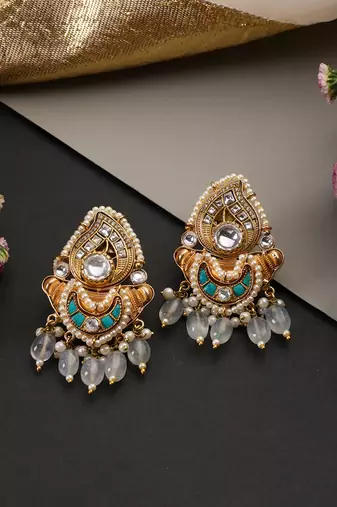 Gold plated blue kundan chandbali earrings