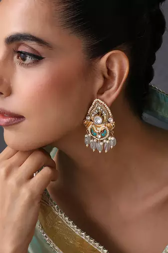 Gold plated blue kundan chandbali earrings