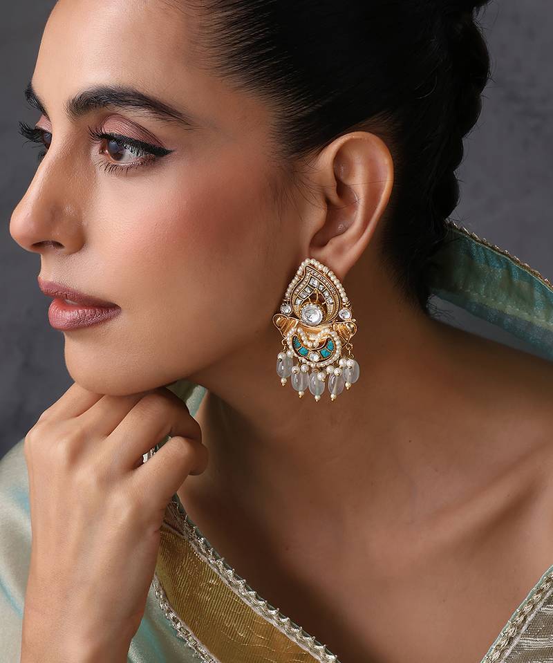 Gold plated blue kundan chandbali earrings