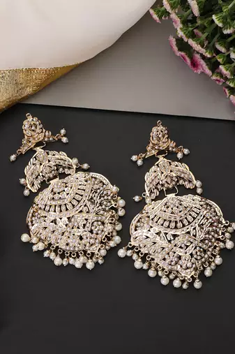 Gold plated white jadau dangler earrings
