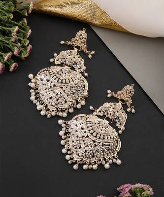 Gold plated white jadau dangler earrings 4