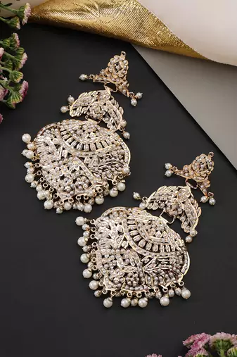 Gold plated white jadau dangler earrings