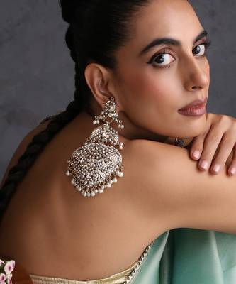 Gold plated white jadau dangler earrings 5