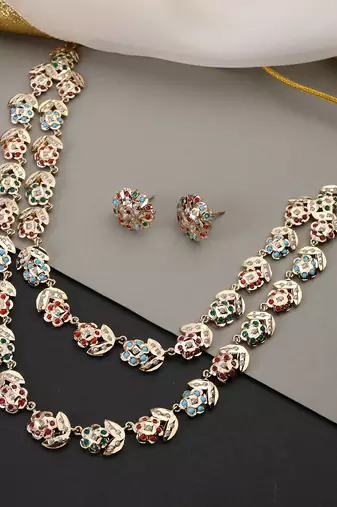 Gold plated multicolor jadau layered necklace set
