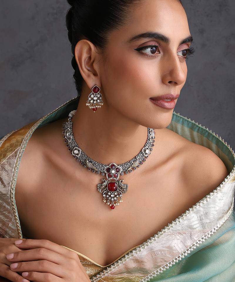 Ruby red polki hasli necklace set