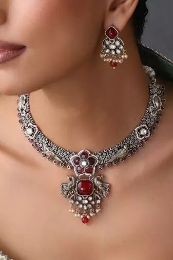 Ruby red polki hasli necklace set