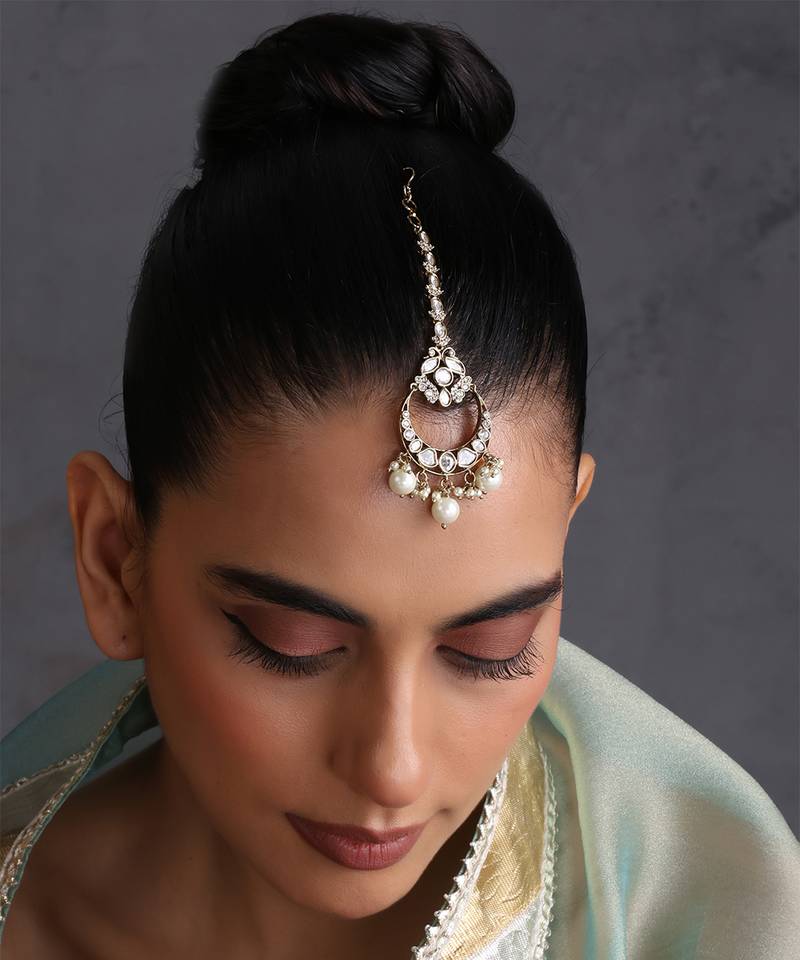 Gold plated beaded polki maang tikka