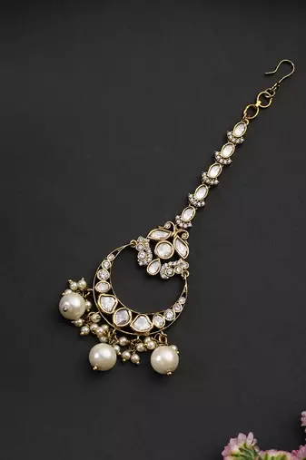 Gold plated beaded polki maang tikka