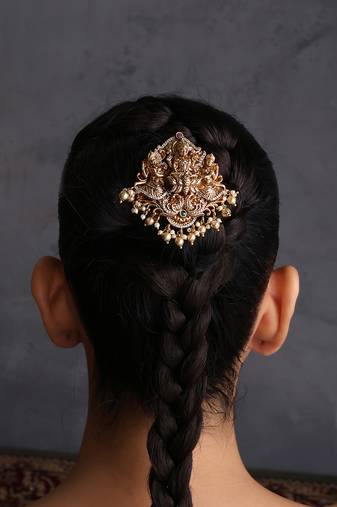Gold plated ruby red temple motif hair pin