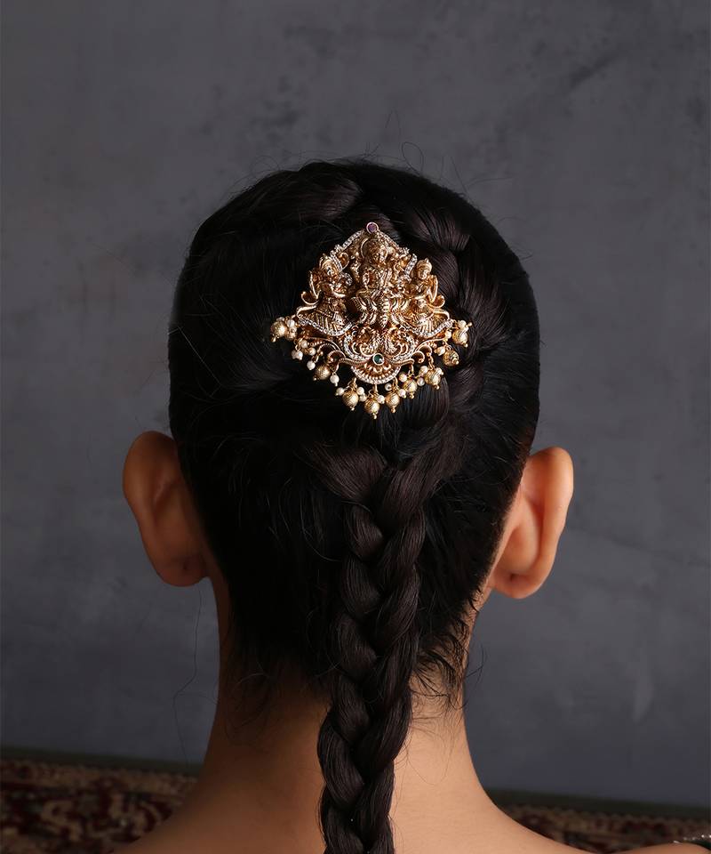 Gold plated ruby red temple motif hair pin