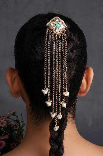 Gold plated green kundan hair pin