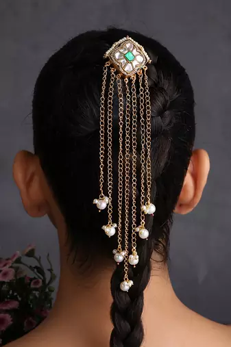 Gold plated green kundan hair pin