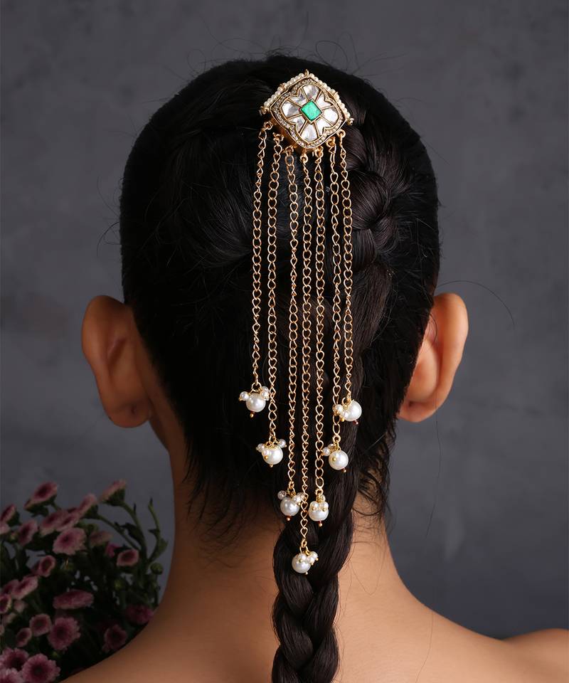 Gold plated green kundan hair pin
