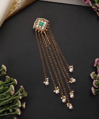 Gold plated green kundan hair pin 2