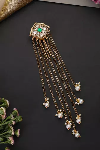 Gold plated green kundan hair pin