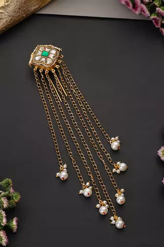 Gold plated green kundan hair pin