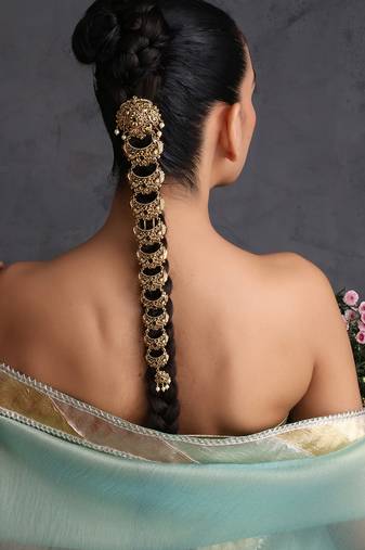 Gold plated multicolor temple motif long hair pin