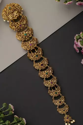 Gold plated multicolor temple motif long hair pin