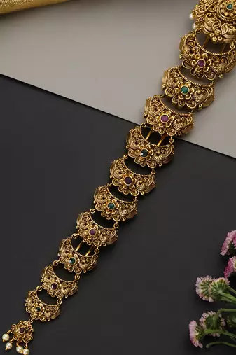 Gold plated multicolor temple motif long hair pin