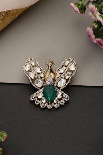 Gold plated emerald green polki brooch