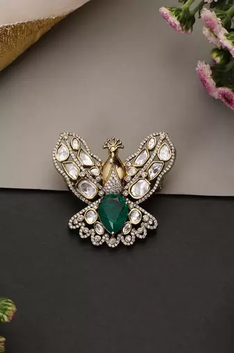 Gold plated emerald green polki brooch