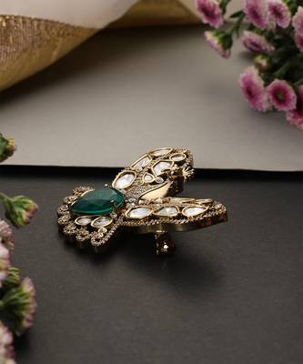 Gold plated emerald green polki brooch 2
