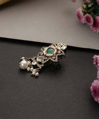 Gold plated emerald green beaded polki brooch 2