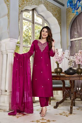 Rani pink viscose glass embroidered kurta pant set