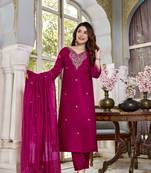 Rani pink viscose glass embroidered kurta pant set