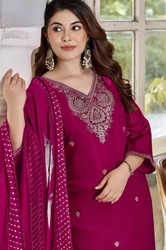 Rani pink viscose glass embroidered kurta pant set