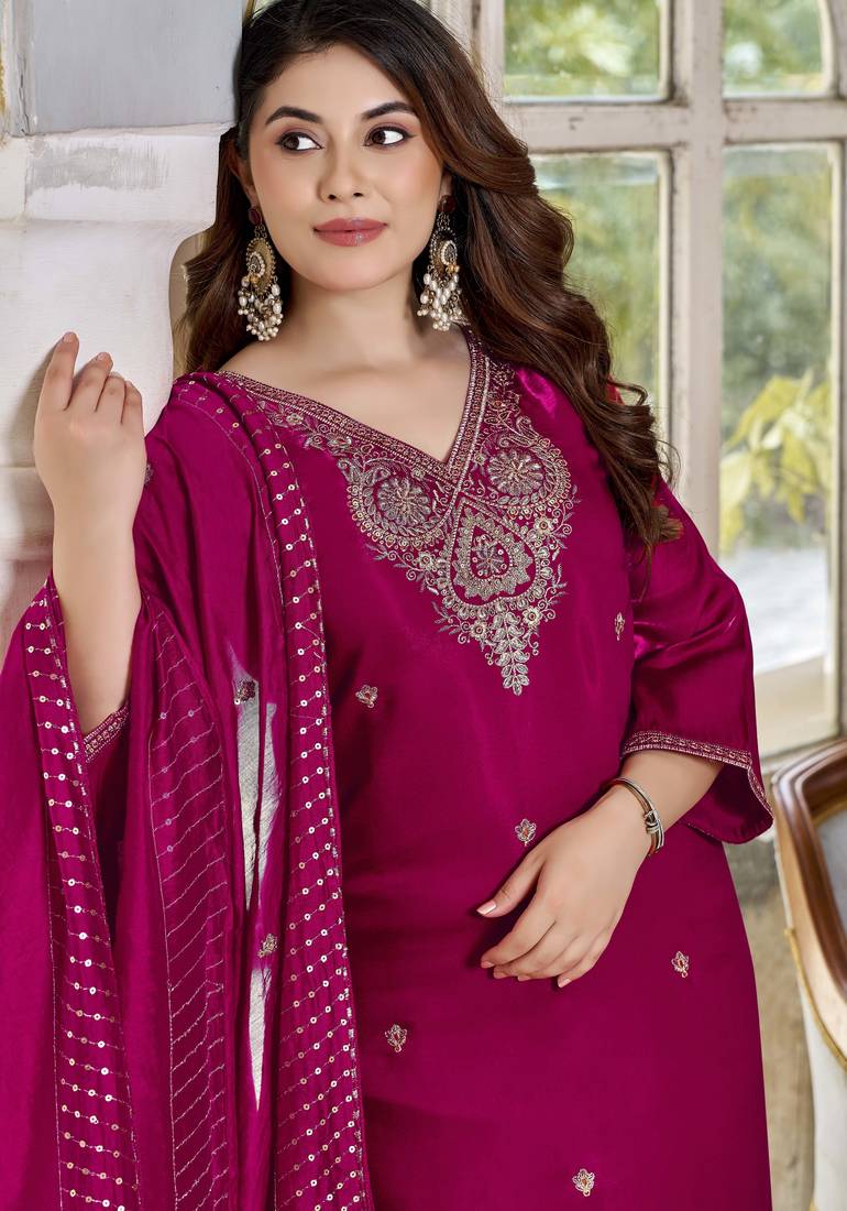 Rani pink viscose glass embroidered kurta pant set