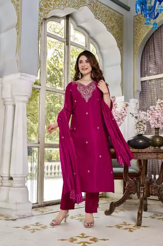 Rani pink viscose glass embroidered kurta pant set