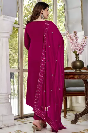 Rani pink viscose glass embroidered kurta pant set