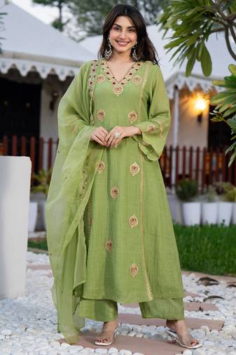 Pista green embroidered crunchy kurta pant set